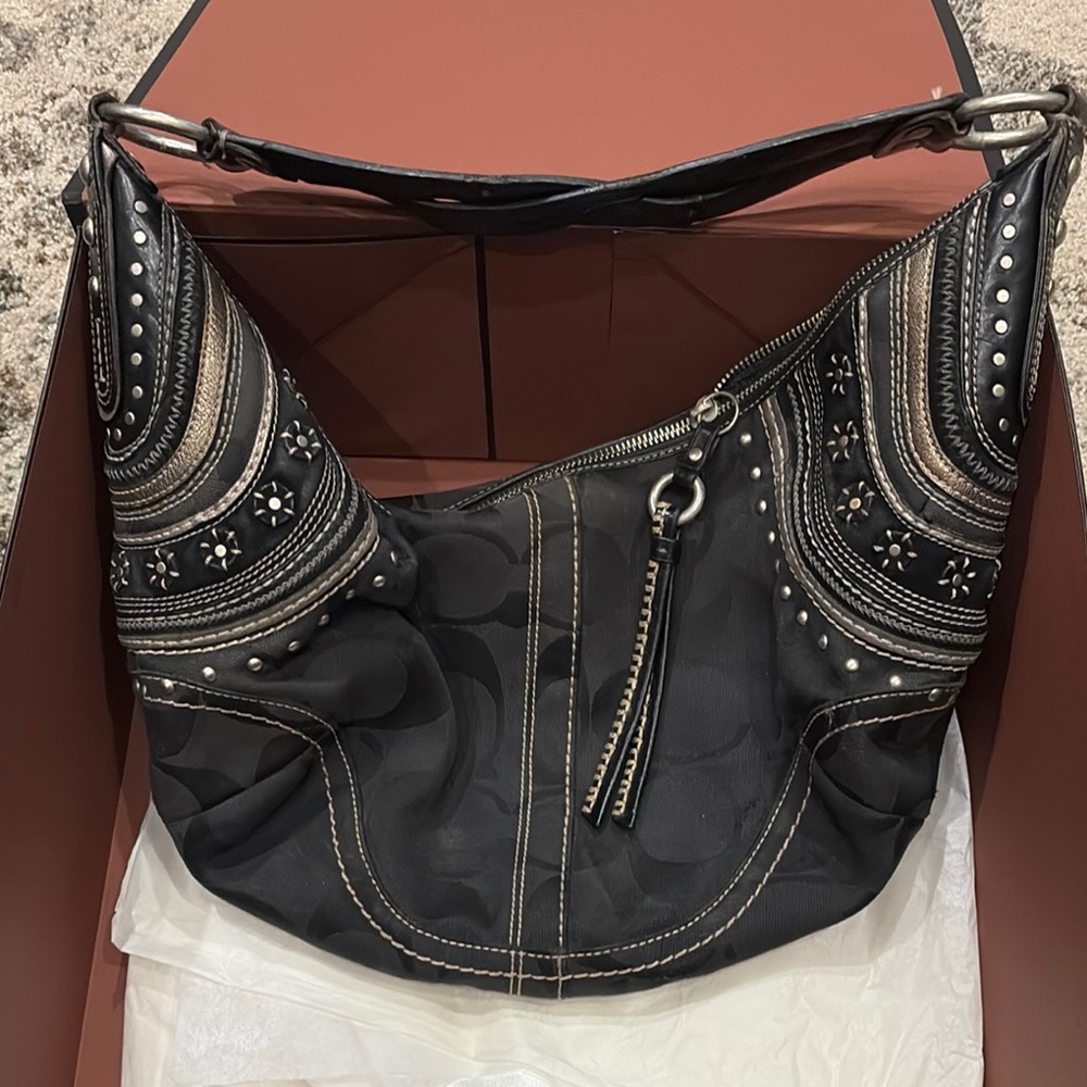 Coach Black and Silver Hobo Bag with Embroidered Design